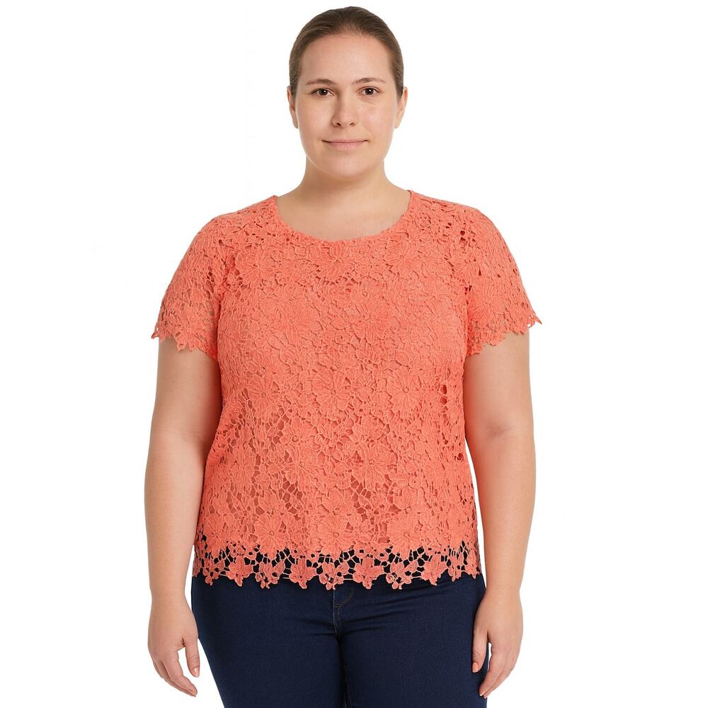 Liz Claiborne Women's Petite Large Coral Lace Short Sleeve Blouse Top NWOT